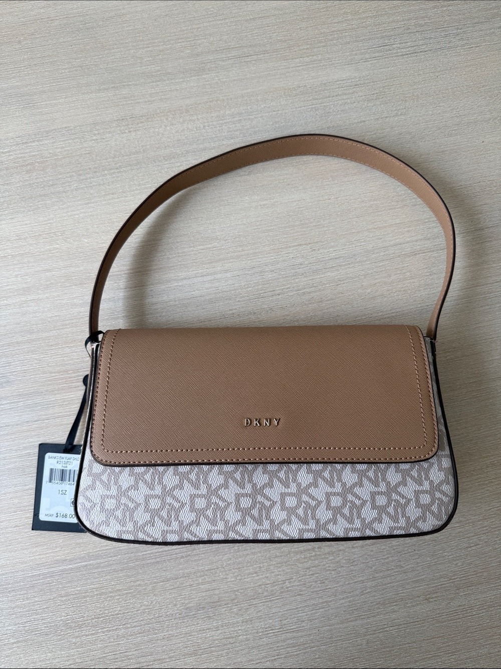 DKNY Tan and Cream Logo Shoulder Bag with Top Flap